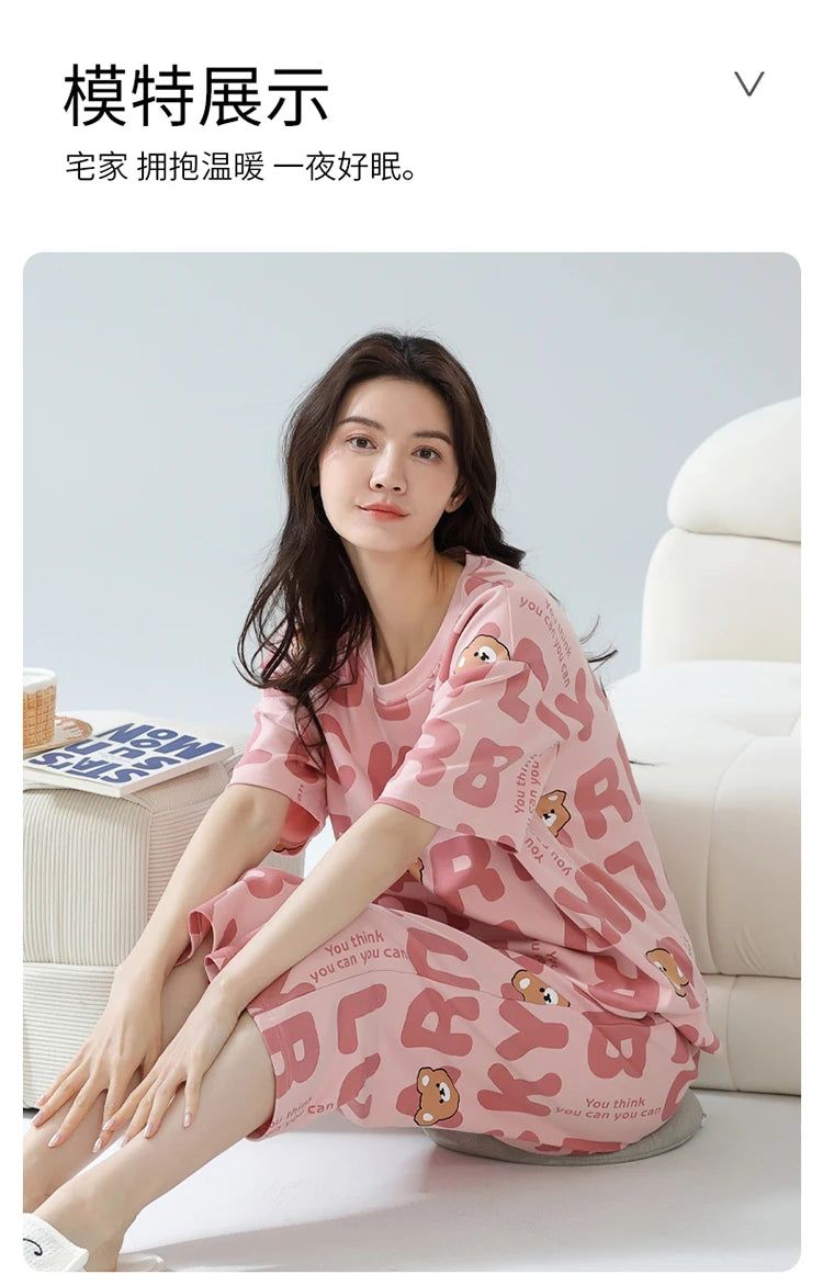 2-Pcs Women’s Cotton Pajama Set – Breathable Short Sleeve Summer Sleepwear with Cute Prints