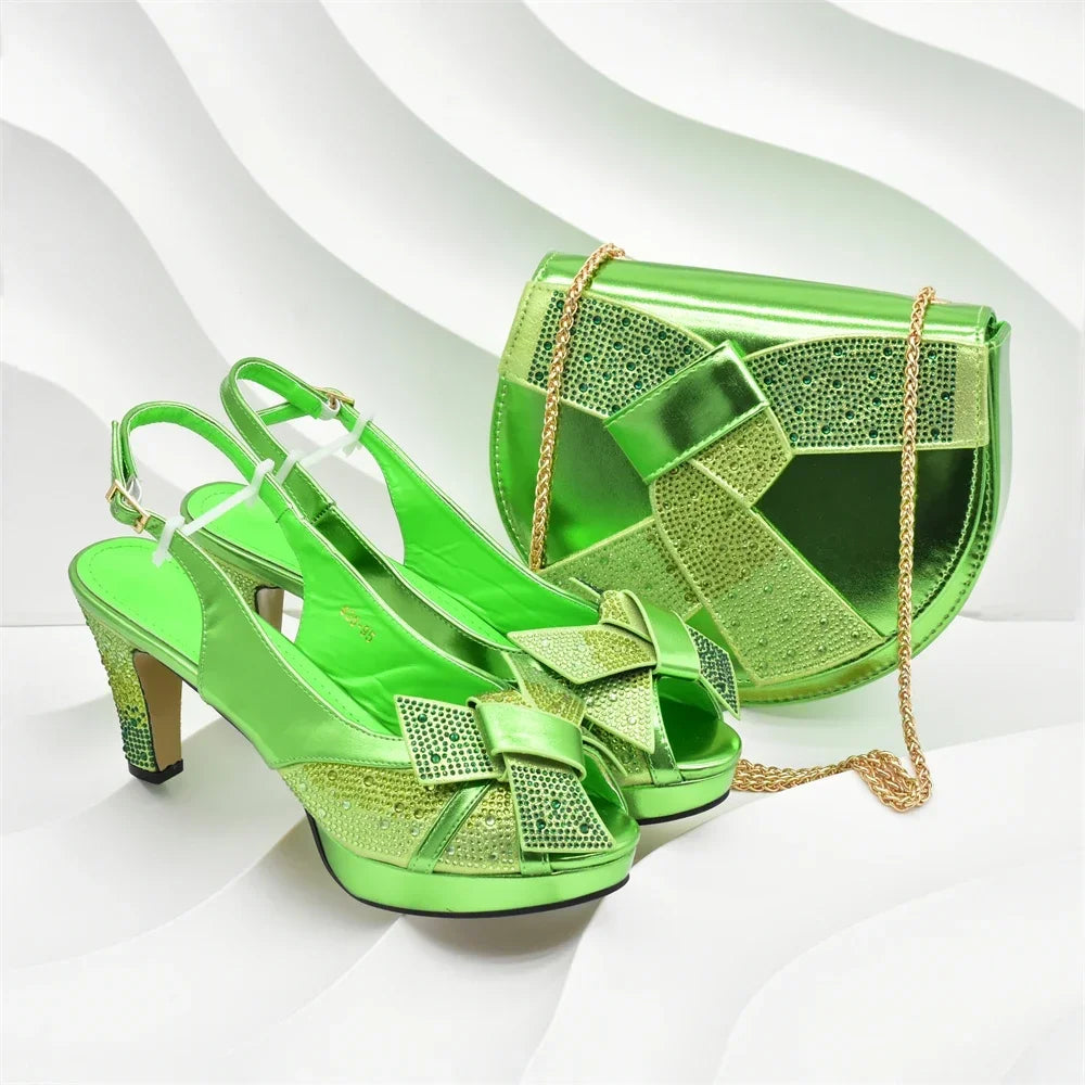 Women Nigerian Italian Shoes and Bags Set Decorated with Rhinestone Peep Toe High Heels Women Pumps for Wedding