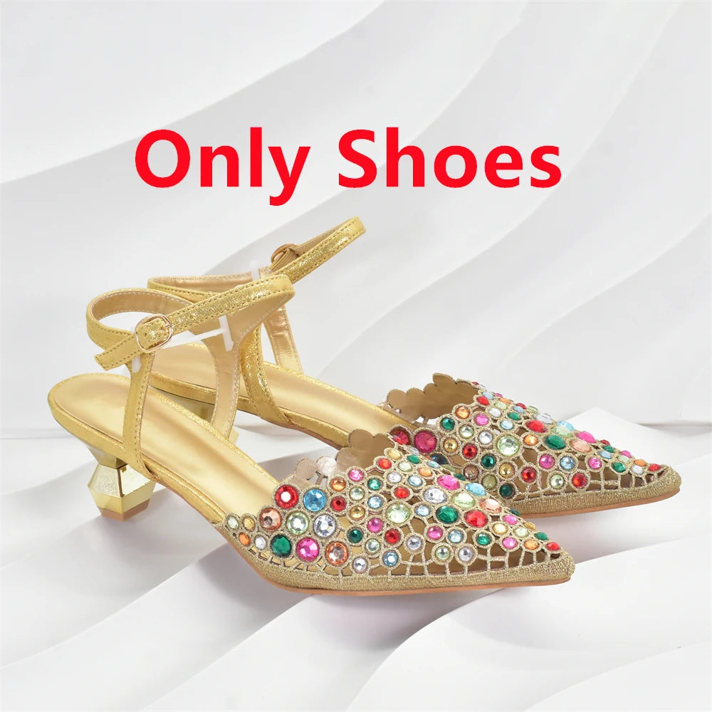Italian Shoes and Bags Matching Set Rhinestones African Pointed Toe Women High Heel Evening Party Pumps Wedding Shoes Bride