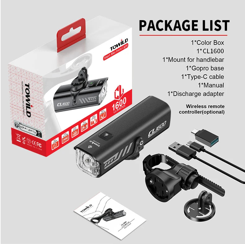 CL1600LM Bicycle Light 5000mAh Bike Light IPX6 Flashlight Aluminum Front Lamp Type-C Charging MTB Road Cycling Headlights