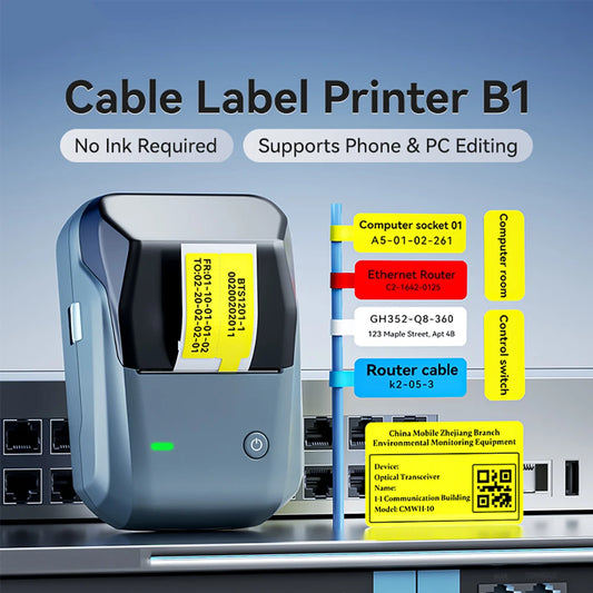 B1 Mini Thermal Label Printer, Bluetooth Wireless Sticker Maker 25–50mm, Portable Inkless Label Printer for Cable Management & Business