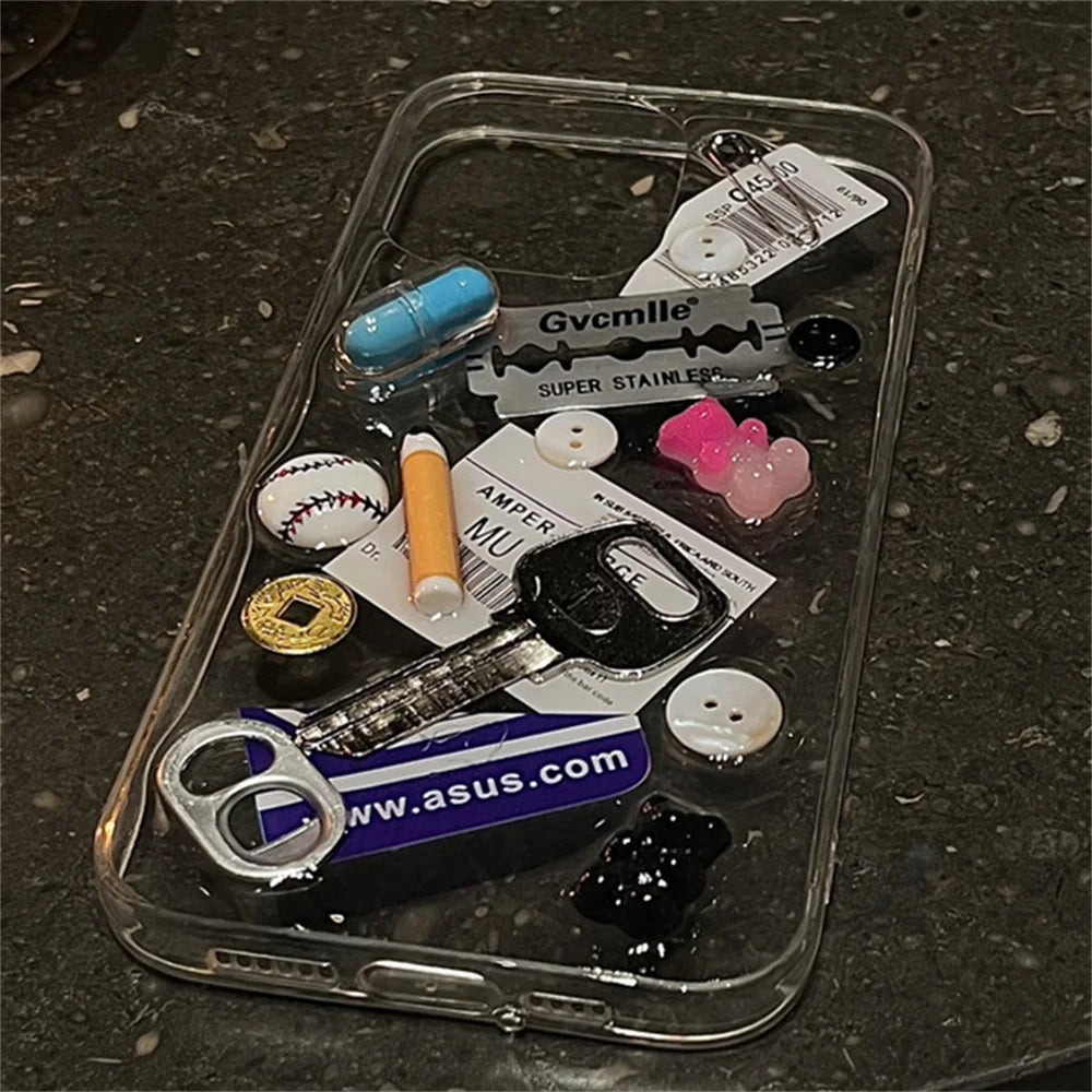 INS Junk Blade Pin Button Key Clear Phone Case For iPhone 16 15 13 14 Pro Max Plus Baseball Label Lens Protect Soft Cover