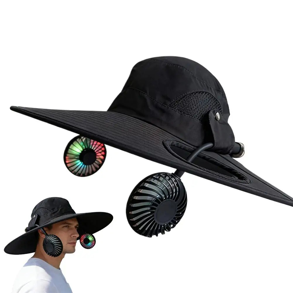 Wide Brim Solar Fan Hat With Dual Fans And USB Charging