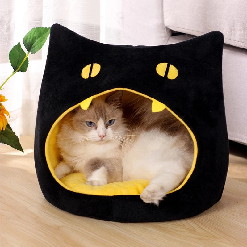 Warm Corduroy Pet House Bed Black for Cats and Small Dogs