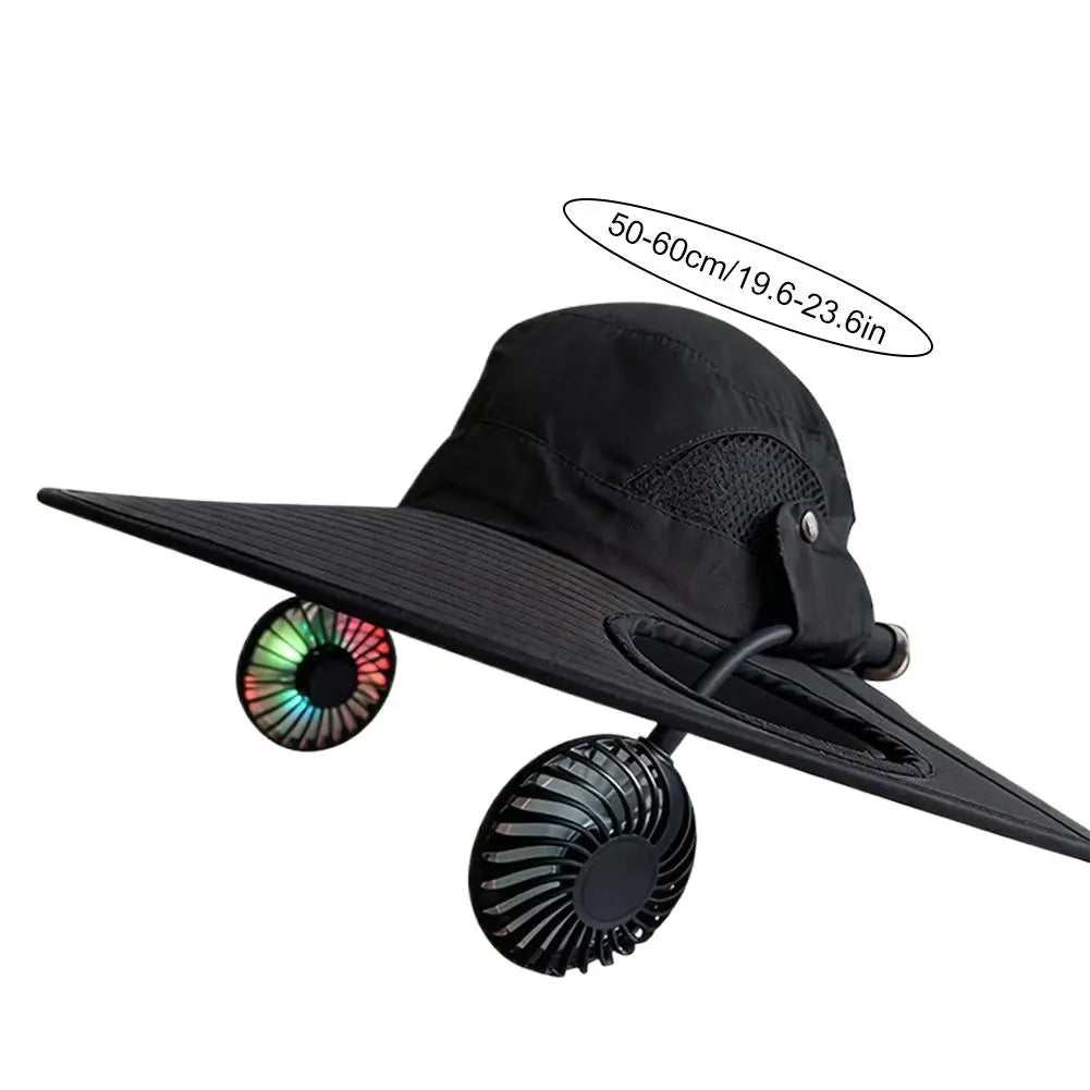 Wide Brim Solar Fan Hat With Dual Fans And USB Charging