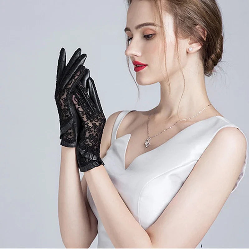 Summer Women Genuine Black Leather Gloves Ladies Elegant Gloves Women's Black Driving Gloves Anti-UV Touch Screen Lace Mittens