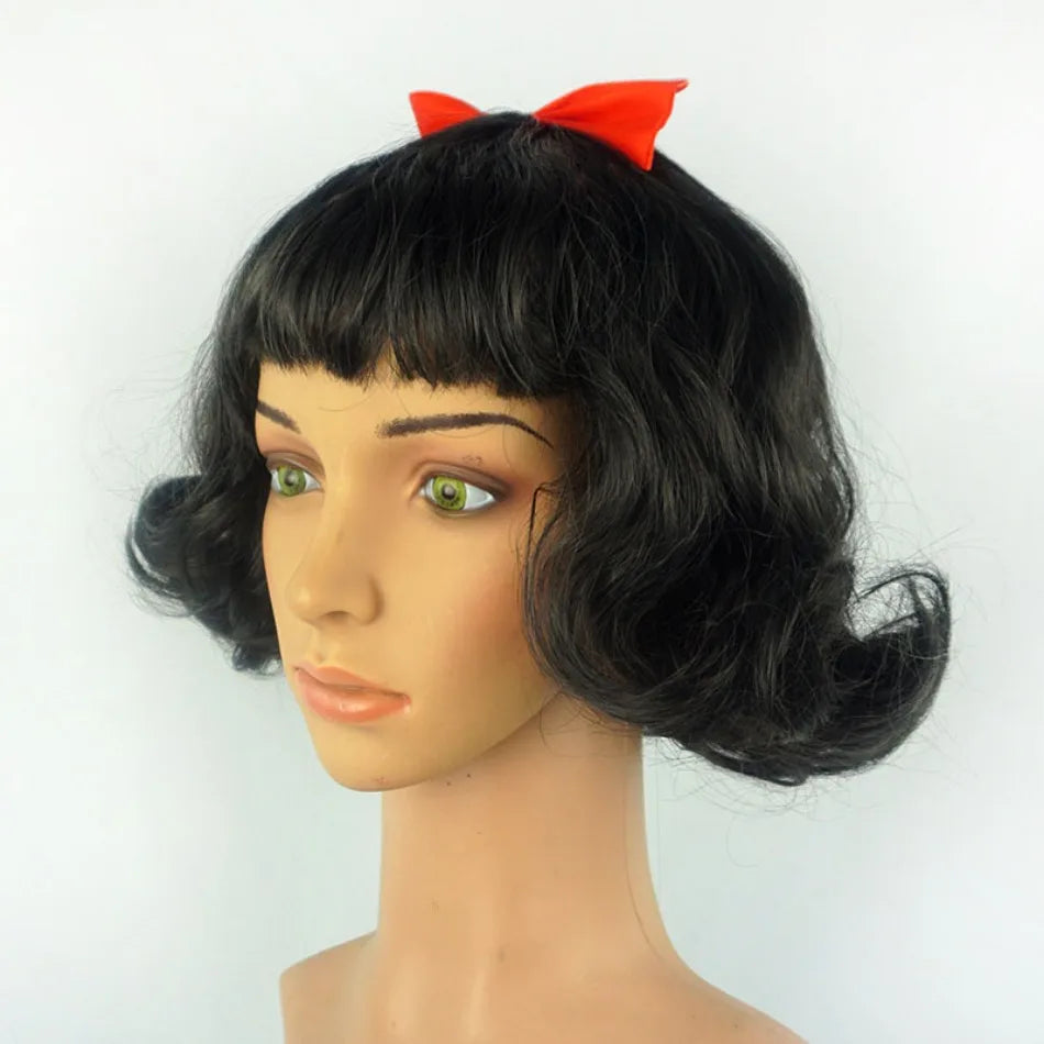 Cute Girls Snow White Dress Up Wig Girls Princess Cosplay Short Hair Black Curly Hair Wig with Red Bow  Role Play Props