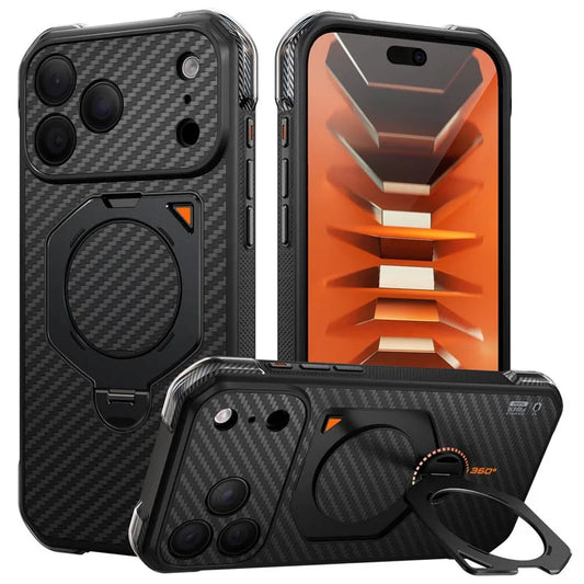 Rugged Aramid Fiber Phone Case with Magnetic Ring Kickstand for iPhone 17 Pro Max and iPhone 18 Pro Max