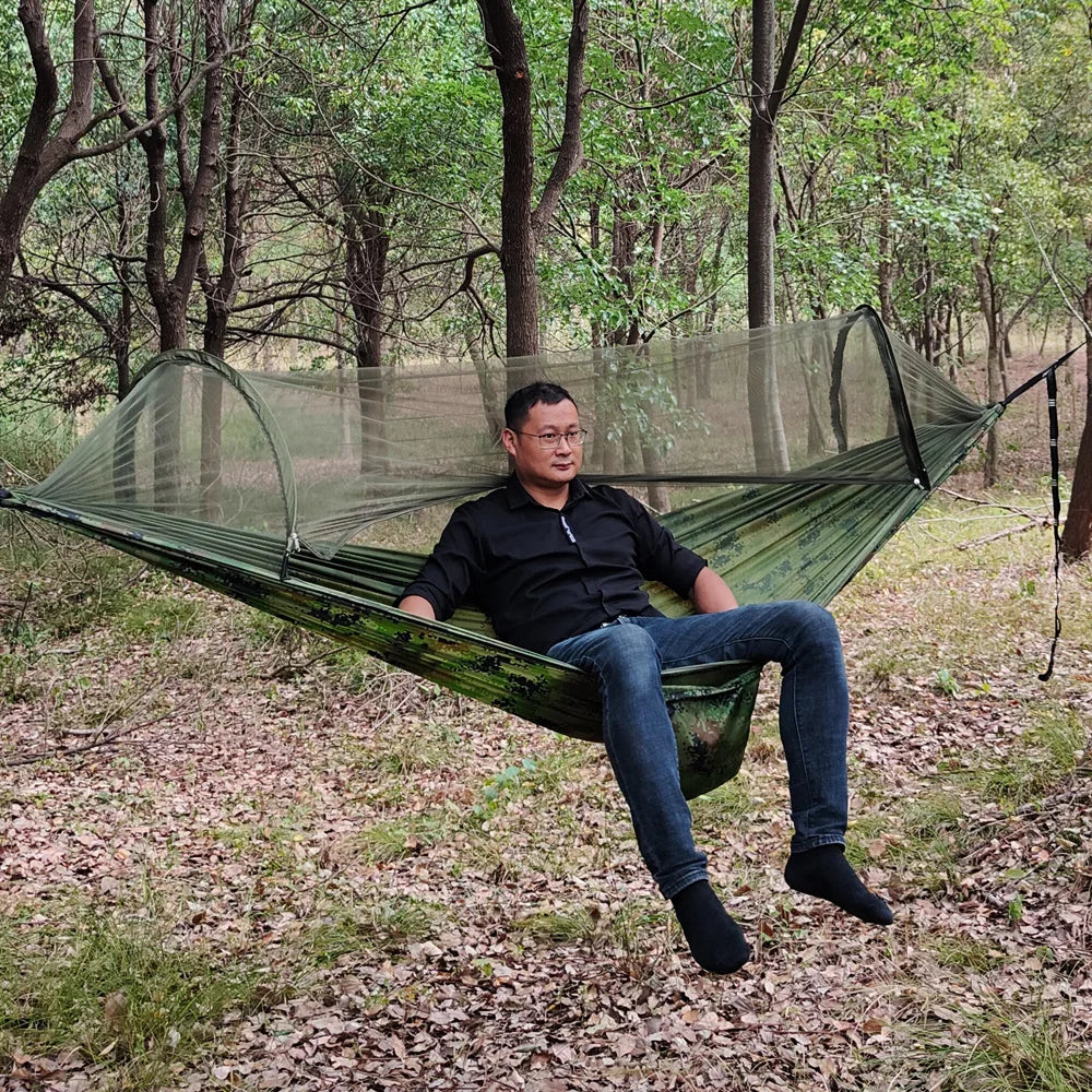 Portable Outdoor Camping Hammock with Mosquito Net and Canopy High Strength Parachute- Fabric Hanging Bed Hunting Sleeping Swing