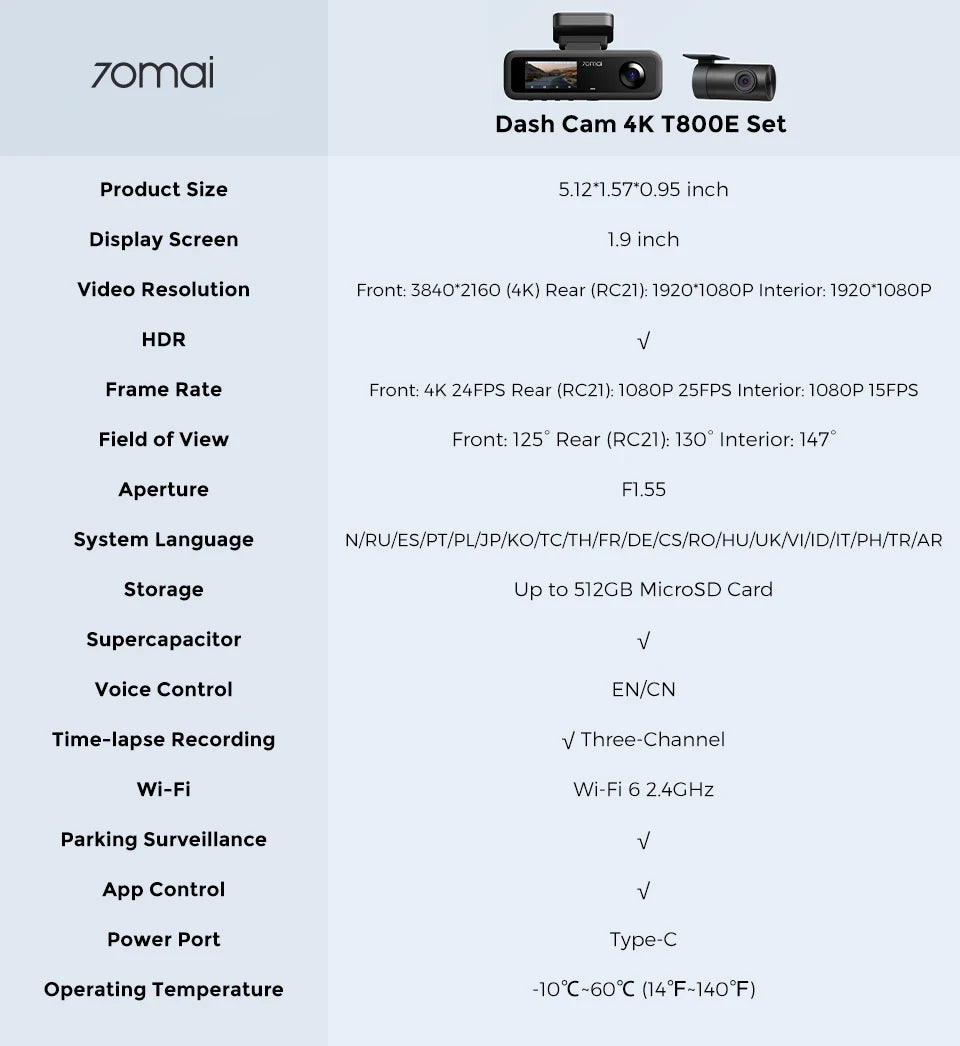 T800E 3‑Channel Dash Cam 4K Front + 1080P Rear & Interior Car DVR – HDR, GPS, WiFi 6, Voice Control, Supercapacitor
