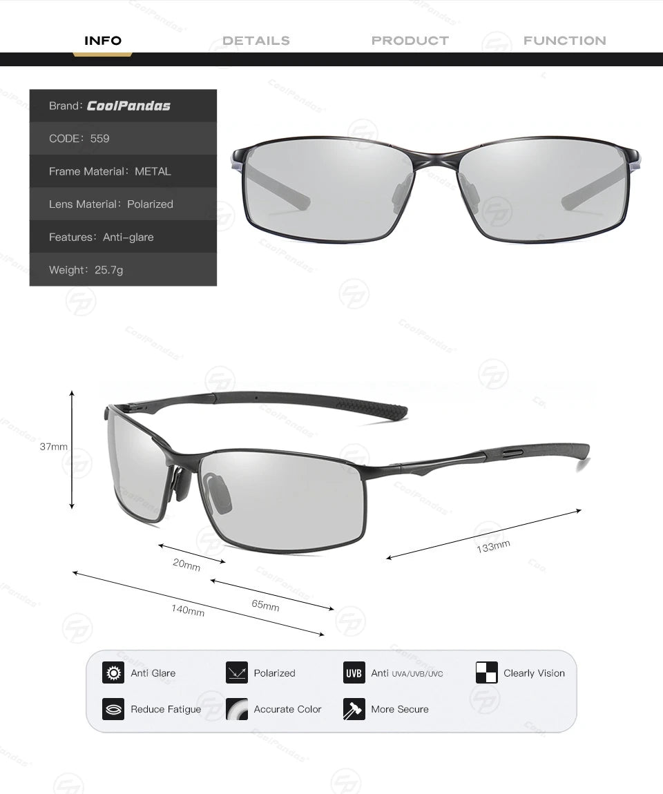 Classic Square Photochromic Polarized Sunglasses UV400 Anti-Glare Driving Glasses for Men Women