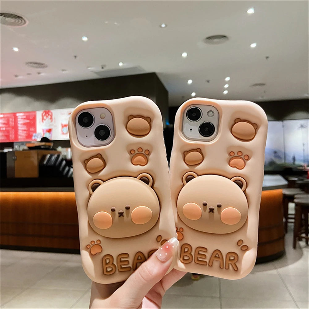 Cute 3D Cartoon Bear Paw Holder Grip Phone Case For iPhone 15 14 13 Pro Max Lovely Silicone Soft Cover Camera Protection