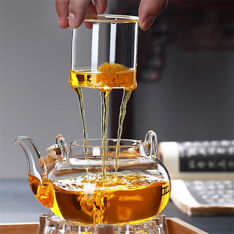 600ML Borosilicate Glass Teapot With Bamboo Handle Household Convenient Heated Tea Kettle with Filter Kung Fu Flower Tea Pot