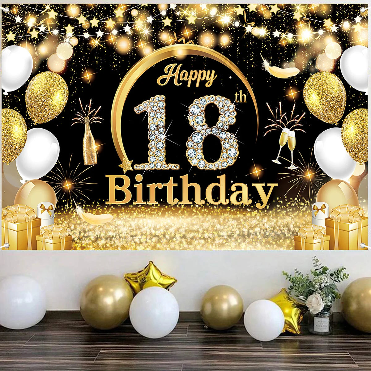 Black Gold Birthday Backdrop Happy 18th 70th Birthday Party Decoration Adult