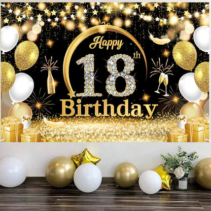 Black Gold Birthday Backdrop Happy 18th 70th Birthday Party Decoration Adult