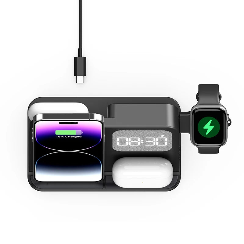 Four in one desktop clock wireless charger that can charge phones, headphones, and watches simultaneously