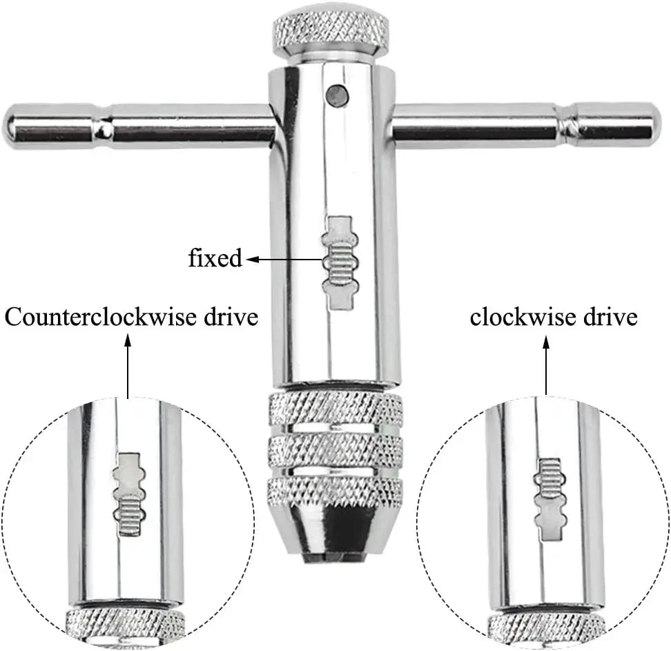 Adjustable Silver T-Handle Ratchet Tap Holder Wrench with 5pcs M3-M8 3mm-8mm Machine Screw Thread Metric Plug T-shaped Tap