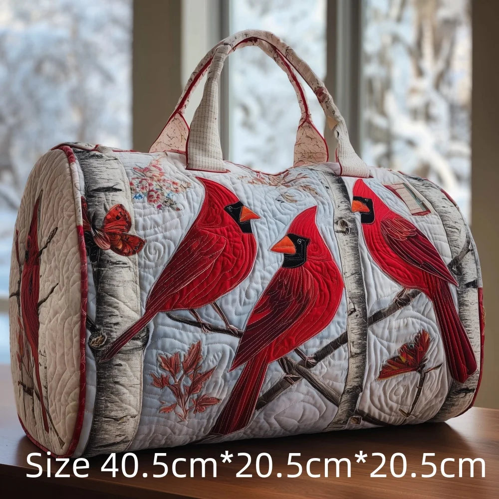 Trending Vintage 3D Quilted Travel Bag Cardinal Bird Floral Printed  Durable Weekend Gym Trip Beach Bag Carry on Tote for Women