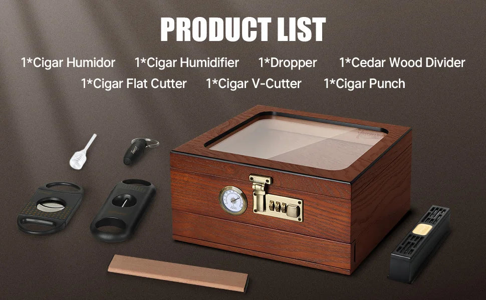Cigar Humidor Cedar Wood Humidor Cigar Box Glass Top Desktop Humidor with Front Hygrometer Humidifier Divider Accessories Drawer