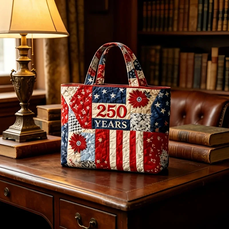 Patriotic Quilted Tote Bag 250 Years American Flag Patchwork Shoulder Handbag