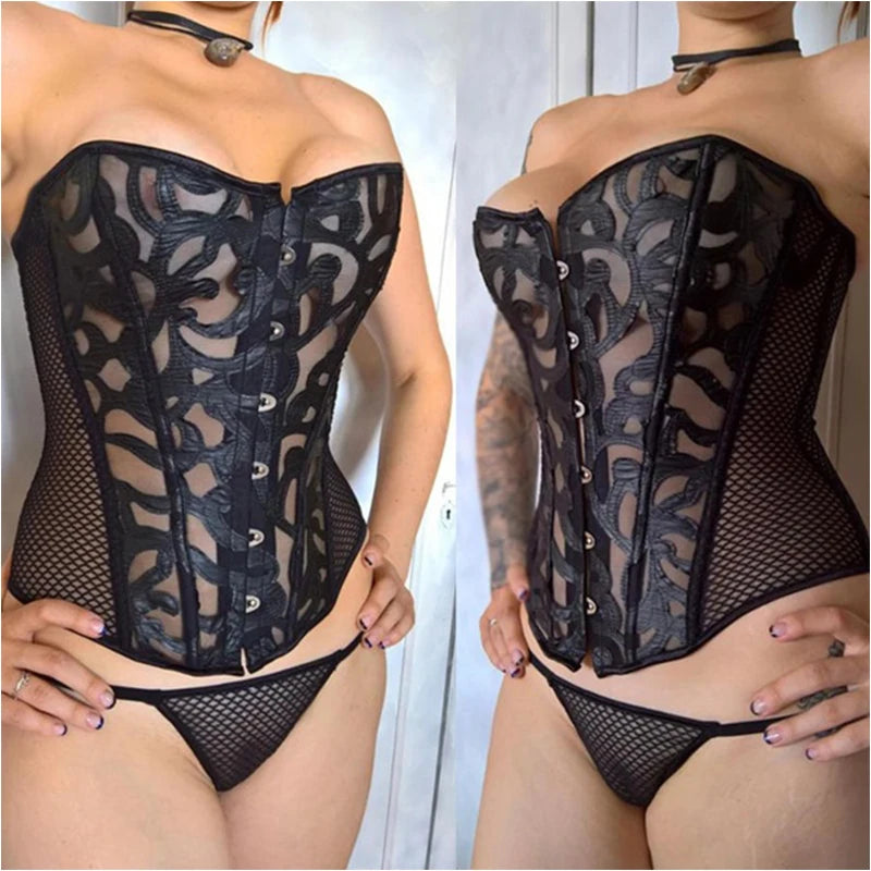 Women's Breathable Shapewear Costumes Transparent Mesh Corselet Hollow Out Corset Bustier Top With G String Black