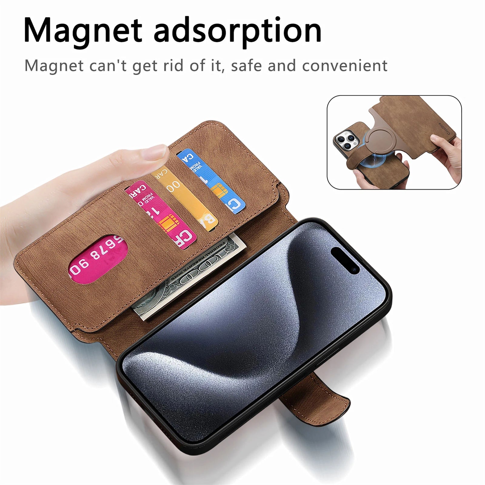Flip Leather Wallet Case for iPhone 16 15 Pro Max 14 Plus 16E Magsafe  Detachable Card Slot Holder Cover