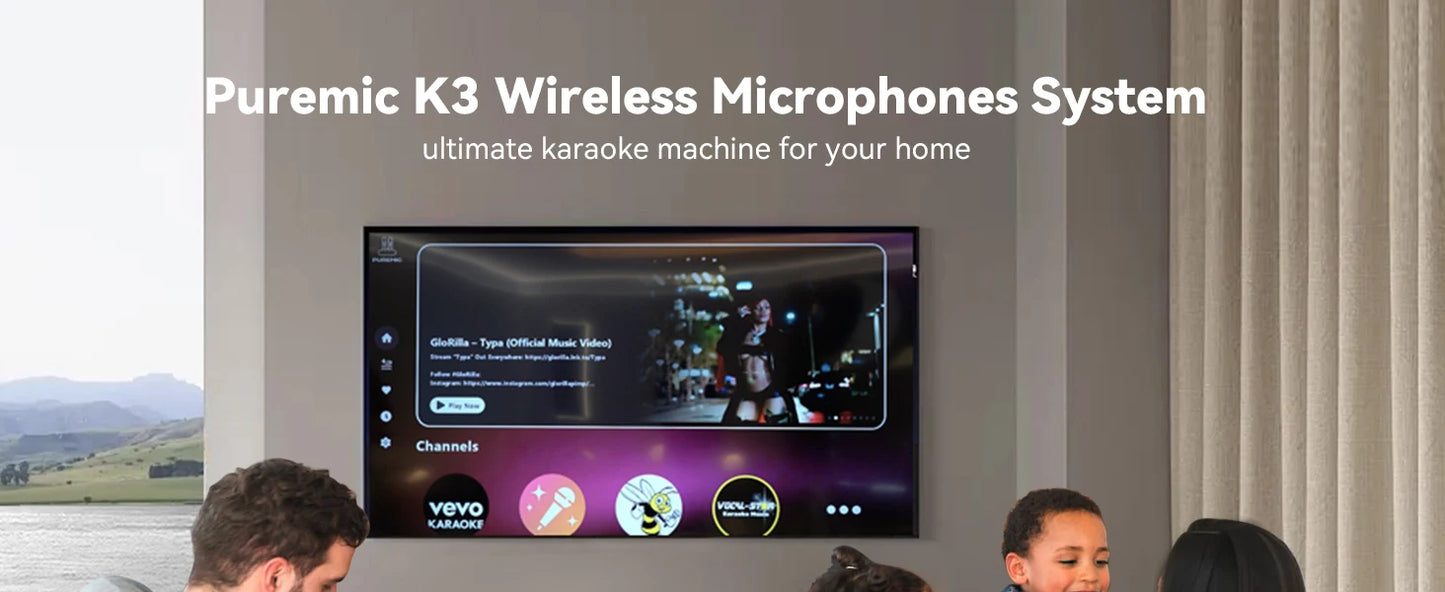 Puremic K3 Karaoke Machine with Dual Wireless Microphones, Rechargeable Dock, HDMI & AUX Support, Unlimited Songs Streaming System