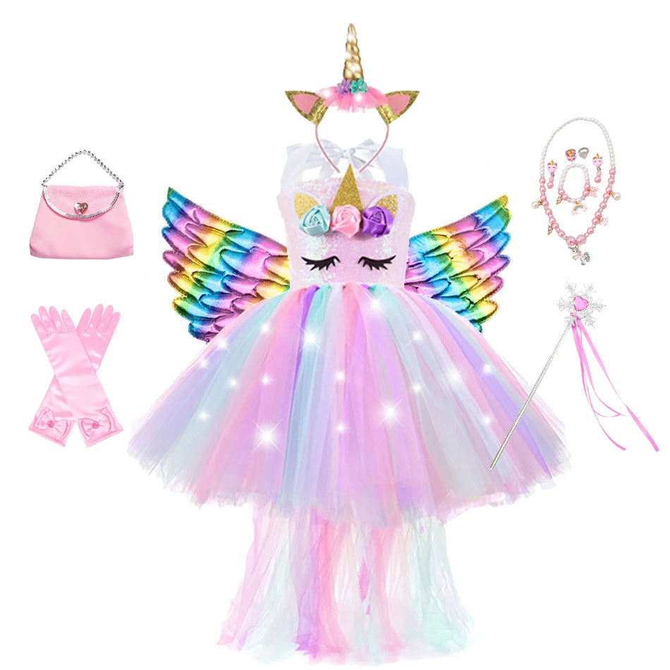 Girl Unicorn Dresses for Girls Tutu Princess Party Dresses with LED Lights Flower Birthday Party Cosplay Costume Girls Clothing