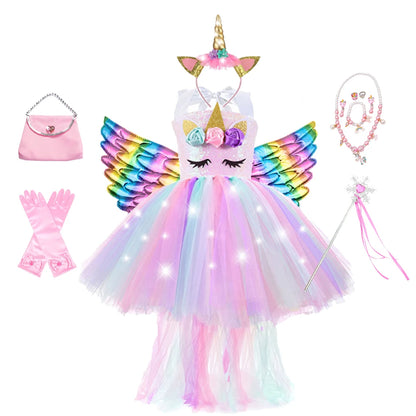 Girl Unicorn Dresses for Girls Tutu Princess Party Dresses with LED Lights Flower Birthday Party Cosplay Costume Girls Clothing