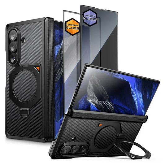 Full Body Rugged Phone Case with Magnetic Rotating Stand and Two Screen Protectors for Samsung Galaxy Z Fold 7 and Z Fold 8 Ultra