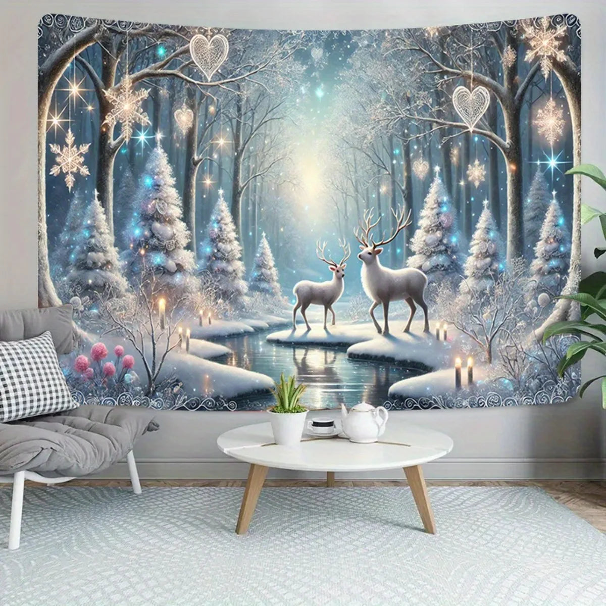 Nordic Snow Scene Reindeer Tapestry Living Room Feature Wall Decor Winter Holiday Room Accent
