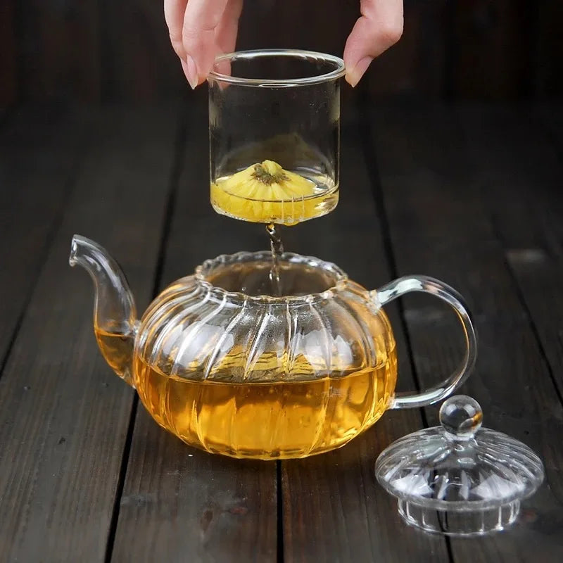 600ml Striped Pumpkin Shape Glass Teapot with Filter