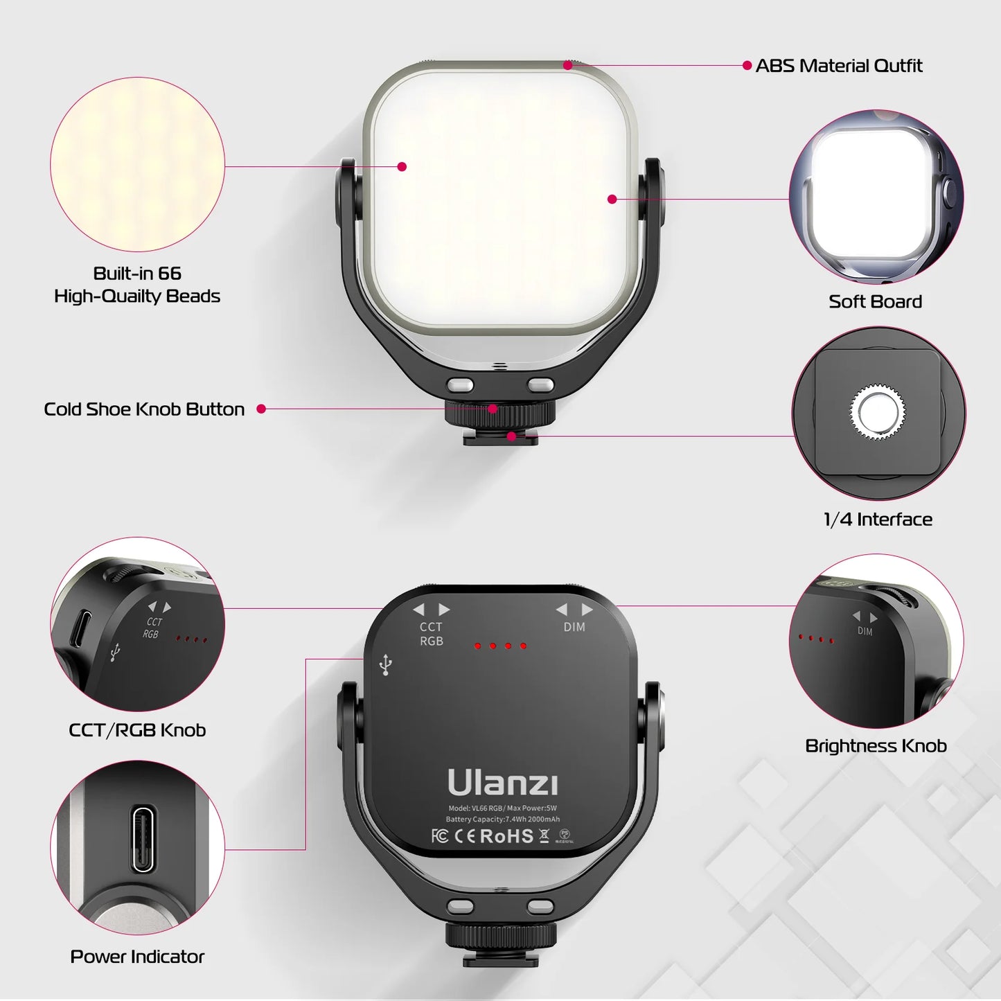 VL66 RGB Video Light – 360° Rotatable Bi-Color 2500-6500K CRI95+ Rechargeable Fill Light for DSLR, SLR & Smartphones