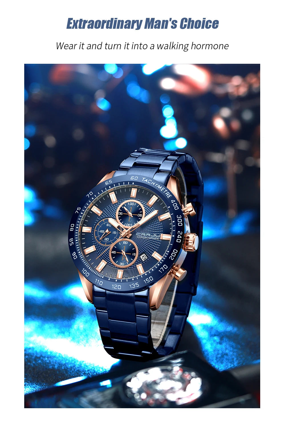 Men Watch Fashion Sports Chronograph Wristwatches Stainless Steel Strap with Auto Date