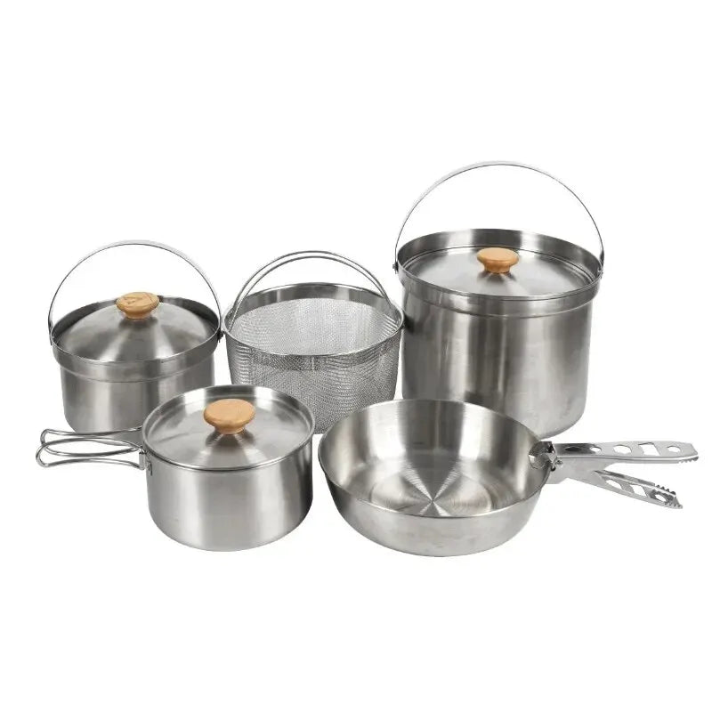 A Style Outdoor Stainless Steel 5pcs Camping Tourism Family 5L Portable Picnic Soup Frying Steaming Household