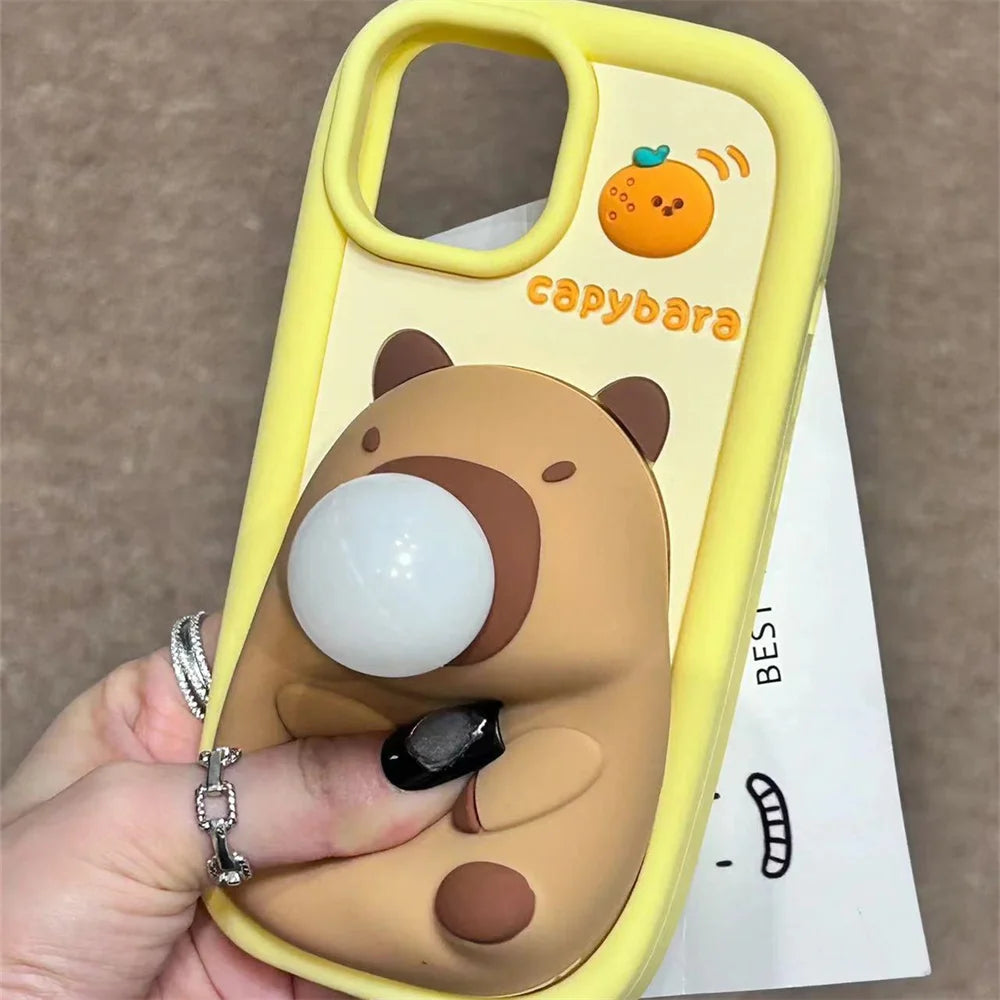 Cute Cartoon Capybara Squishies Phone Case For iPhone 15 13 14 Pro Max Blowing Bubble Lens Protection Soft Silicone Cover