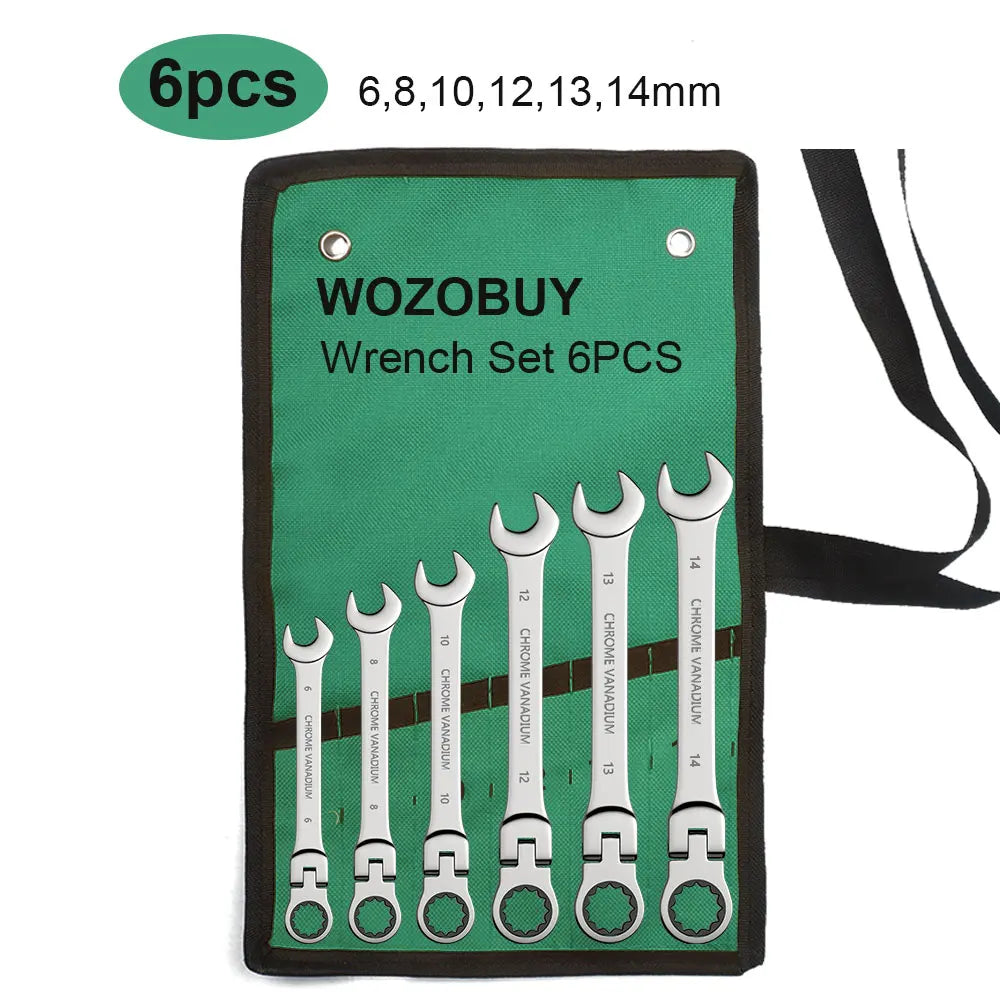 Metric Ratchet Spanner Wrench Set 8–22mm Flex Head 72-Tooth Gear Ring Combination Wrench Kit with Canvas Storage Bag