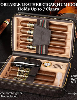 Travel Humidor Cigar Case&Cigar Lighter,Leather Cigar Case with Cedar Wood Tray,Hygrometer,Humidifier,Cigar Accessories for Men