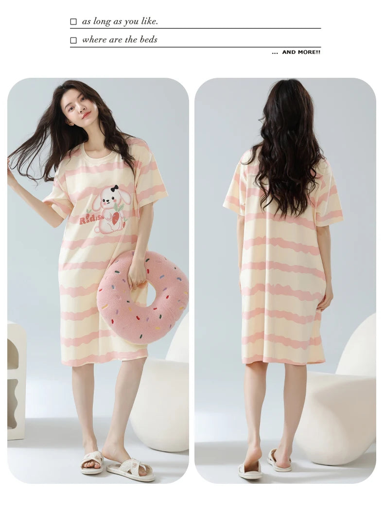 Women’s Cotton Nightgown – Korean Style Cute Print, Summer Short Sleeve Sleepwear Dress