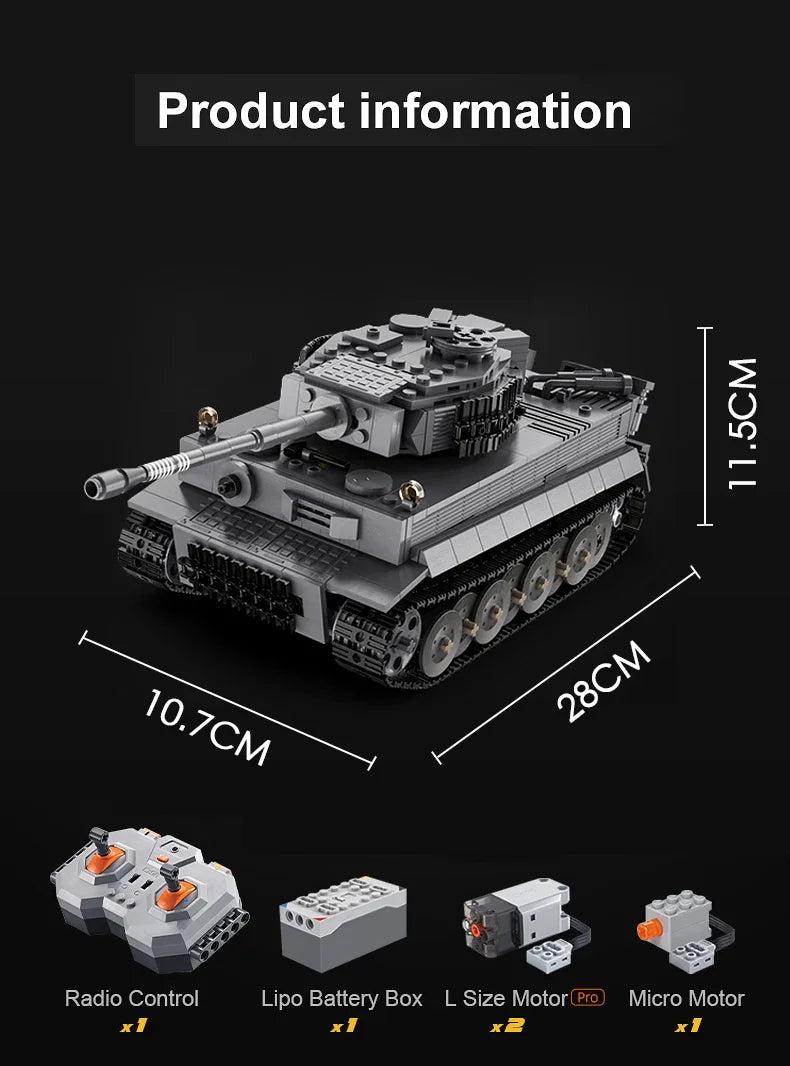 925pcs Ww2 Military Army 1:35 Sd.Kfz.181 Tiger Tank City Remote Control Building Blocks Weapon Bricks RC Vehicle Toys
