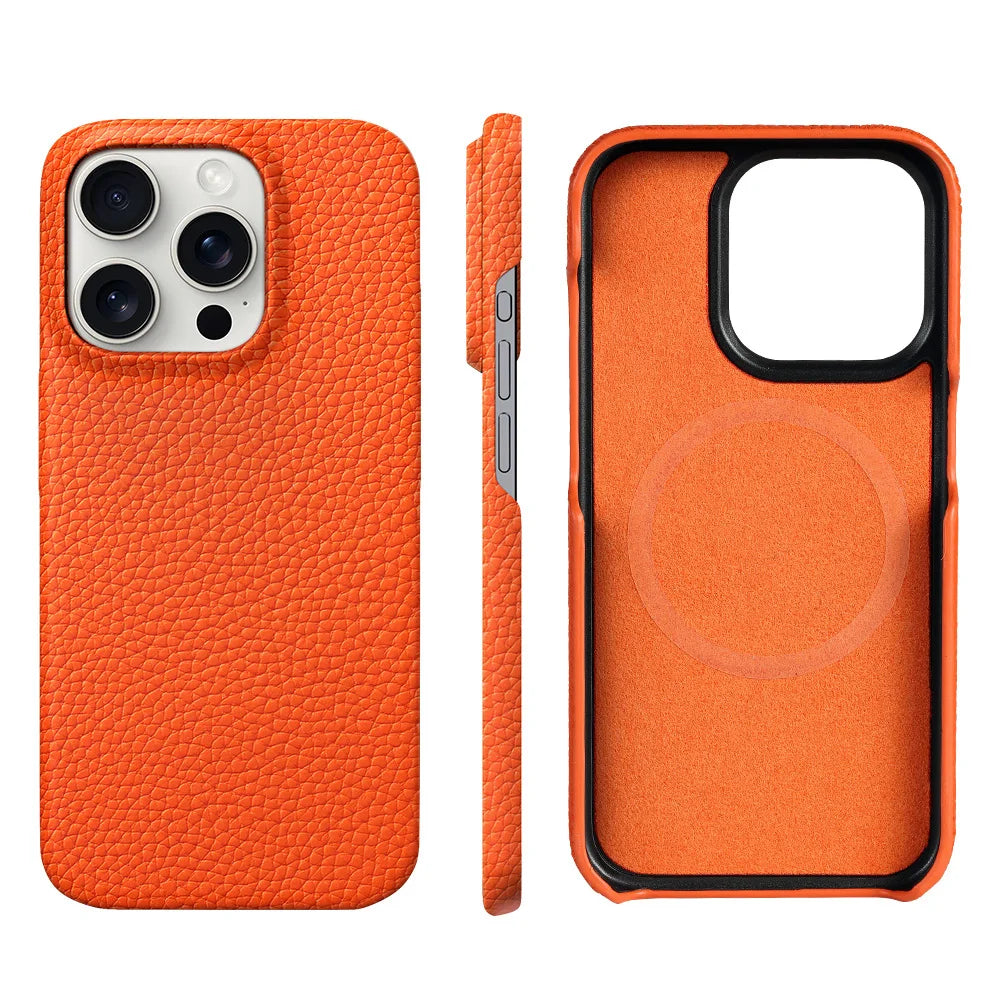 for Magsafe Case for iPhone 15 16 Pro Max Promax 16Pro Natural Cowhide Lychee Leather  Protector Luxury Phone Back Cover