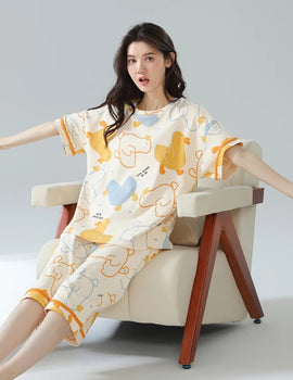 2-Pcs Women’s Summer Cotton Pajama Set – Short Sleeve Top & Calf-Length Pants with Cute Prints