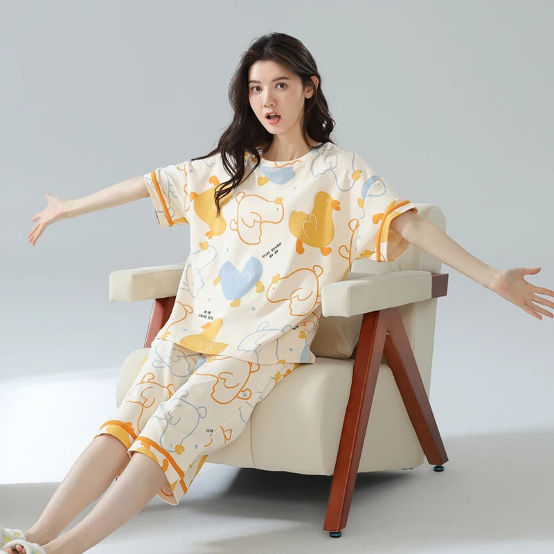 2-Pcs Women’s Summer Cotton Pajama Set – Short Sleeve Top & Calf-Length Pants with Cute Prints