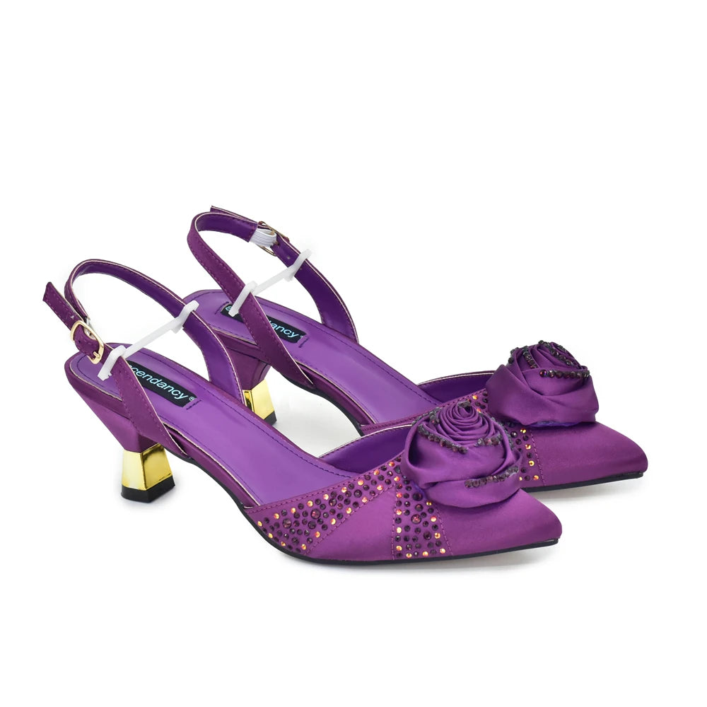 Italian Wedding Matching Shoes and Bags Decorated with Handmade Flowers Diamonds Pointed Toe Women Pumps with Purse