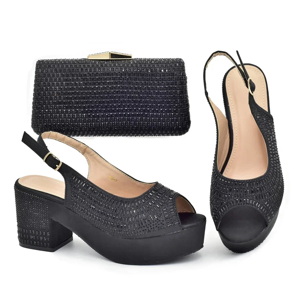 African Women's Evening Shoe for the Wedding Fashion Platform Pump Block Heel Comfortable Party Women Shoes and Bags Set