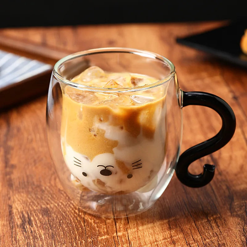 250ml Cartoon Cat Double Wall Glass Cute Coffee Tea Cup Heat-resistant Coffee Mug Handle Espresso Cup For Latte Cappuccino