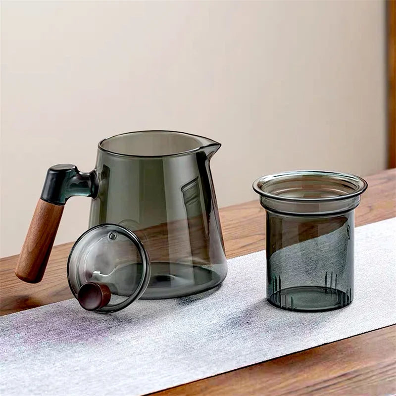 600ml Walnut Wooden Handle Glass Teapot with Tea Water Separation Filter