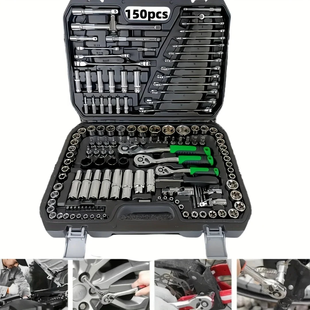 150/46Pcs Auto Mechanical Repair Tool Set Socket Wrench & Ratchet Combination Toolkit Carbon Steel Hand Tools for Car & Home Maintenance