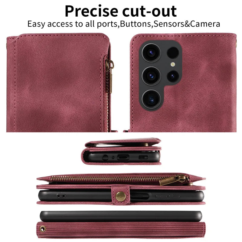 Luxury Leather Flip Wallet Case with Lanyard for Samsung Galaxy S26 / S25 / S24 / S23 Ultra & Plus – Magnetic Full Coverage Phone Bag Cover