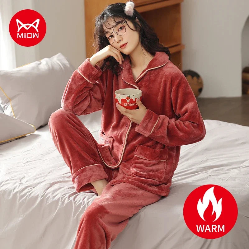 Women’s Winter Flannel Pajama Set – Warm, Thick Coral Fleece 2-Piece Loungewear